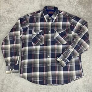 Vintage Woodland‎ Plaid Shirt Men's Large Blue Gray Red Long Sleeve Button Up